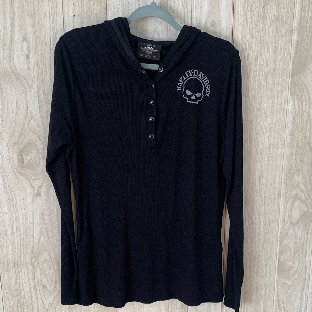 Black Harley Davidson Black Pearl Snap Spandex Hoodie Long Sleeve Shirt